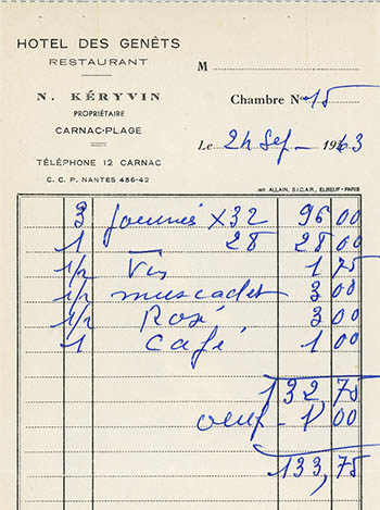 Receipt, Hotel des Genêts, September, 1963, click for larger image