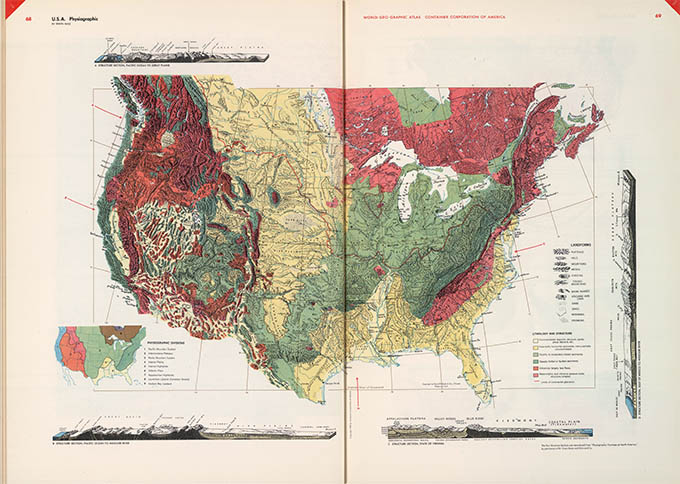 World Geo-graphical Atlas, physiographic map, click for larger image